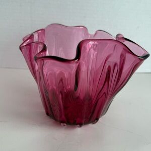 Vintage Rossi Hand Blown Cranberry Glass Handkerchief Candy Dish Ruffled Edge